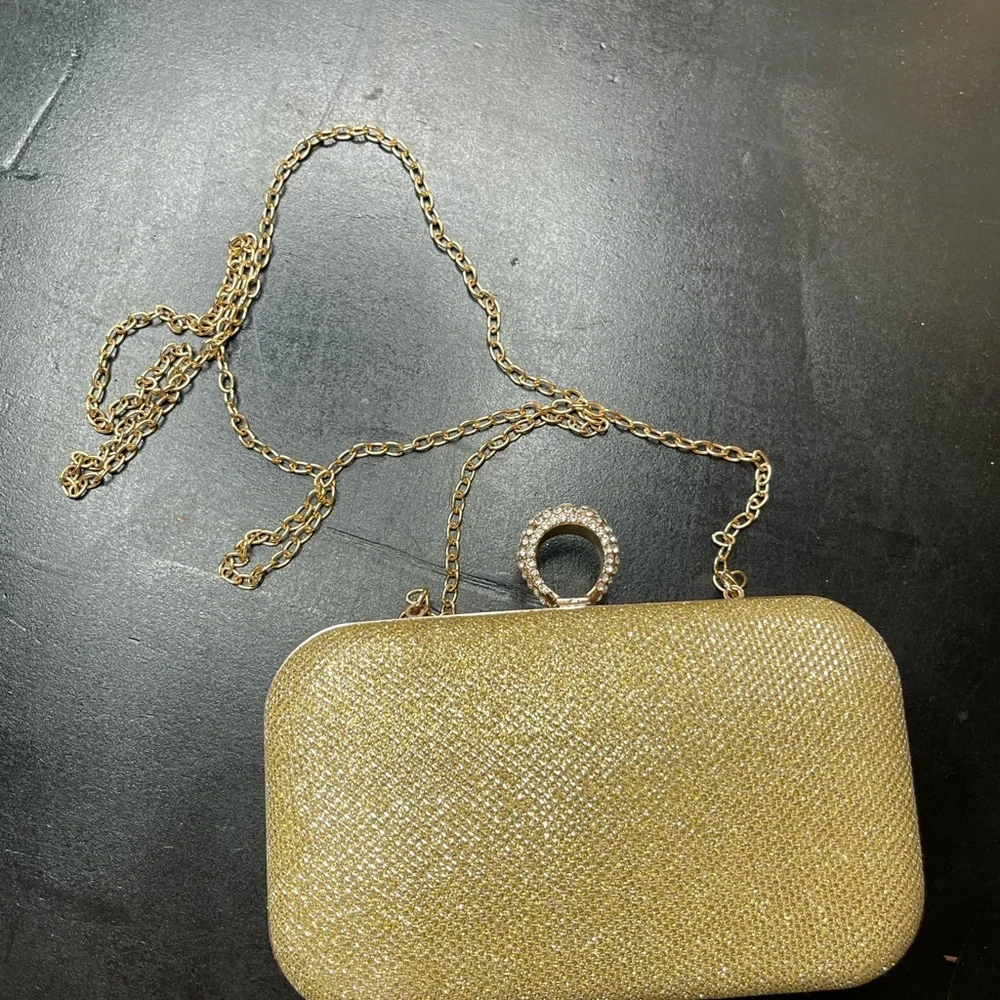 Gold Glitter Rectangle Clutch with Chain Strap
